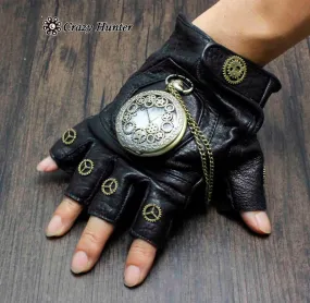 1 Pair SteamPunk Vintage Gears with Watch  Leather Gloves Cosplay