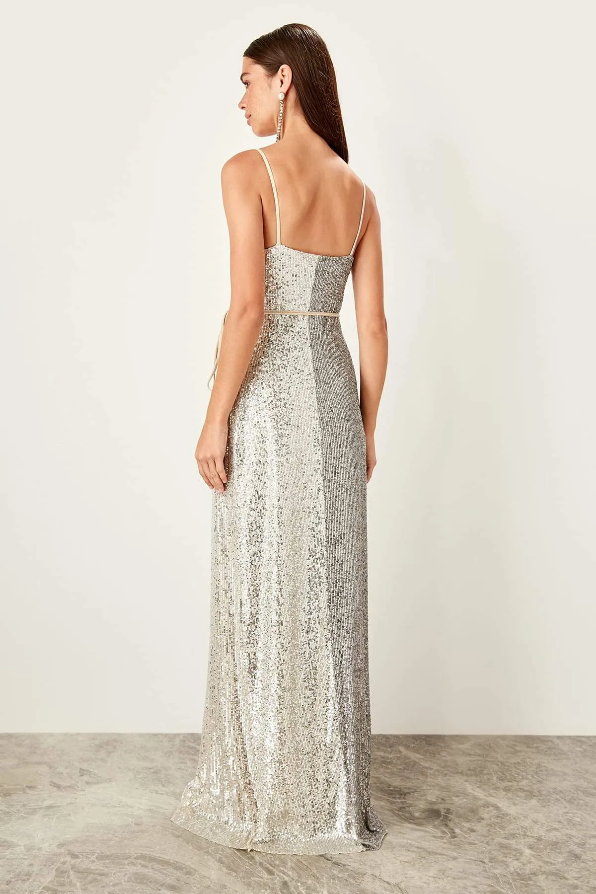 10770 Grey-Beige Colour Block Slit Sequins Dress