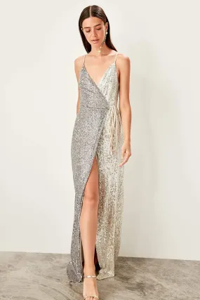 10770 Grey-Beige Colour Block Slit Sequins Dress