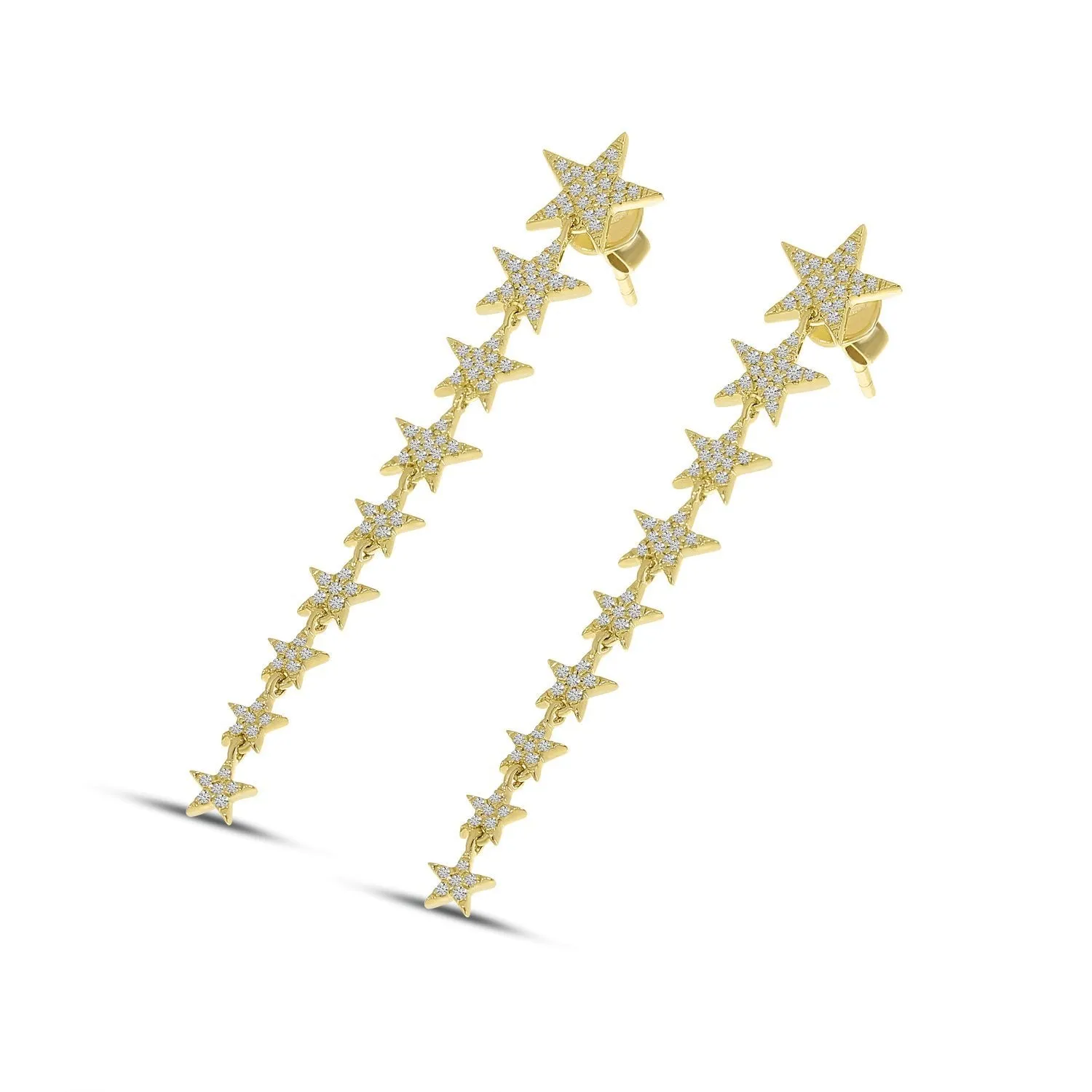 14K Yellow Gold Diamond Star Long Earrings