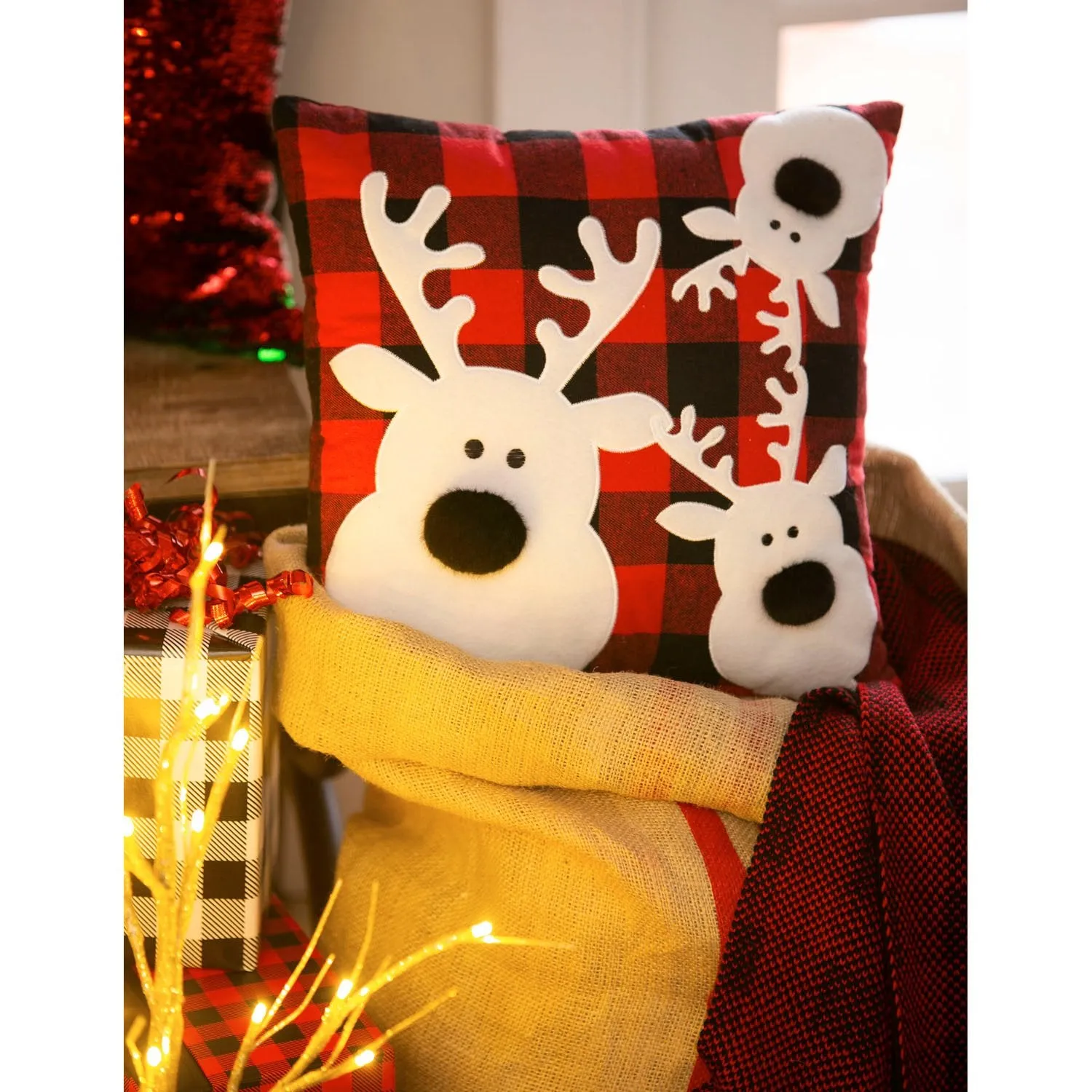 14" Red Plaid Deer Square Pillow,4p147578