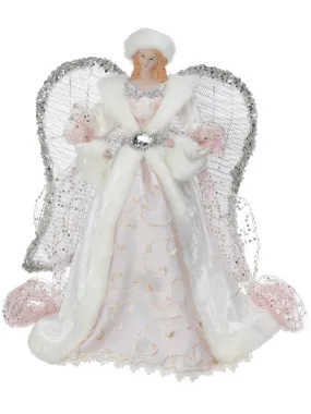 16" Tall Angel in White Dress with Rhinestone Muff Christmas Tree Topper