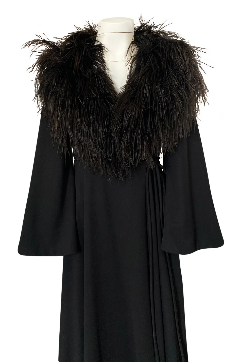 1970s Leo Narducci for Dorian Black Feather Wrap Dress or Evening Coat