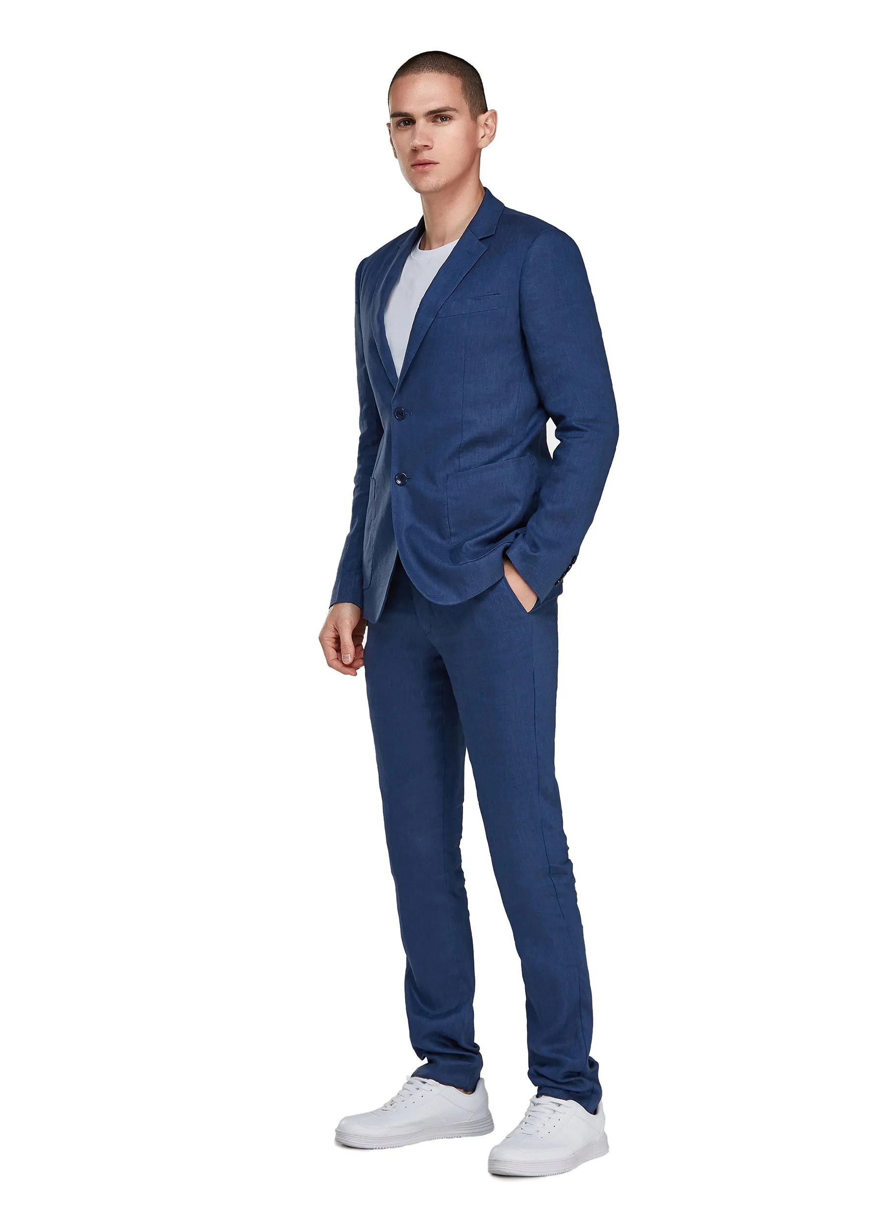 1PA1 Men's 100% Linen Dark Blue Jacket Trousers 2-Pieces Suit Set