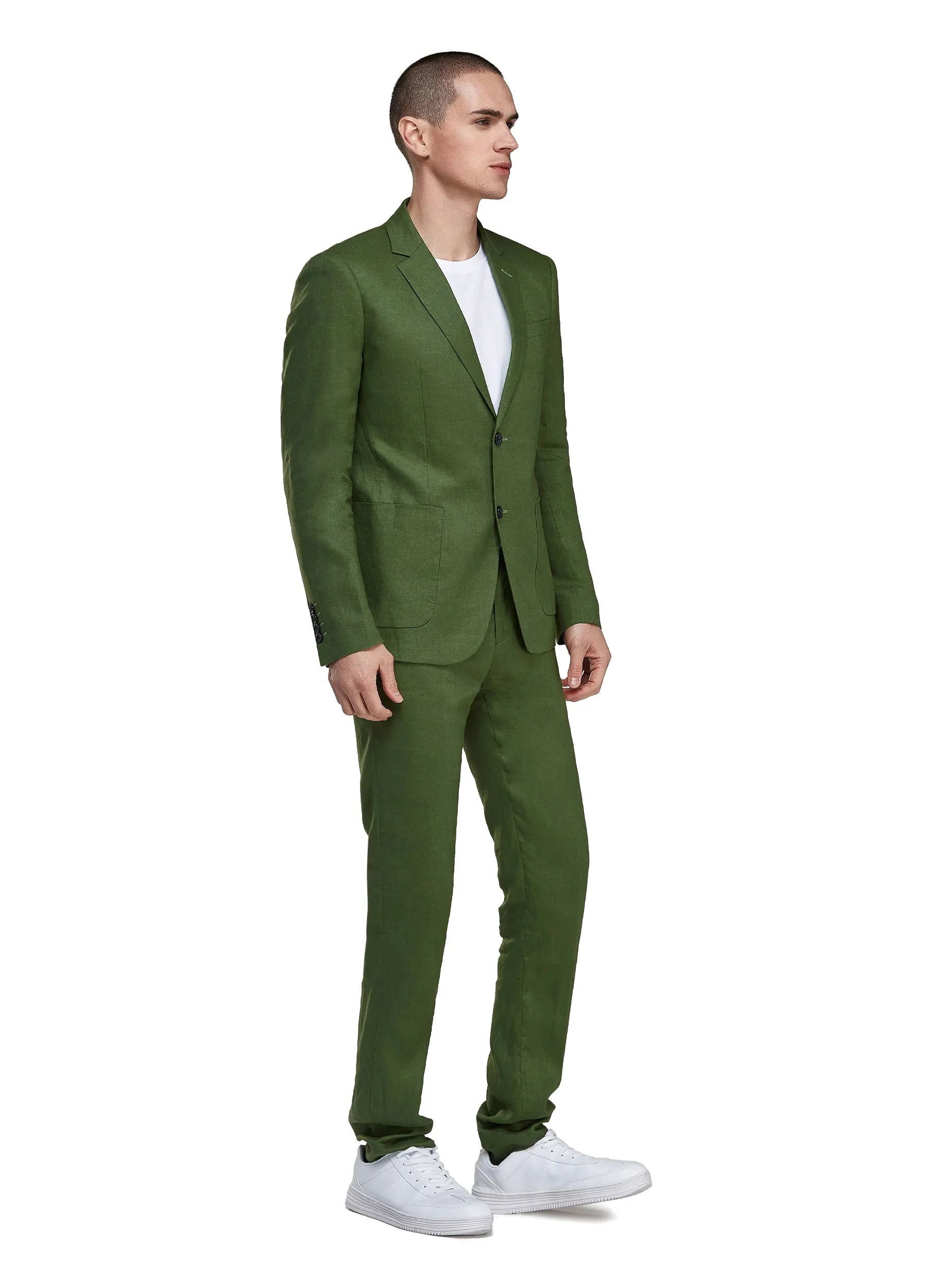 1PA1 Men's 100% Linen Green Jacket Trousers 2-Pieces Suit Set