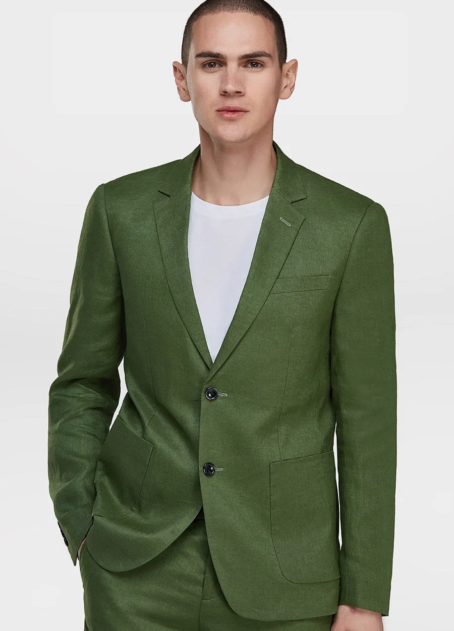 1PA1 Men's 100% Linen Green Jacket Trousers 2-Pieces Suit Set