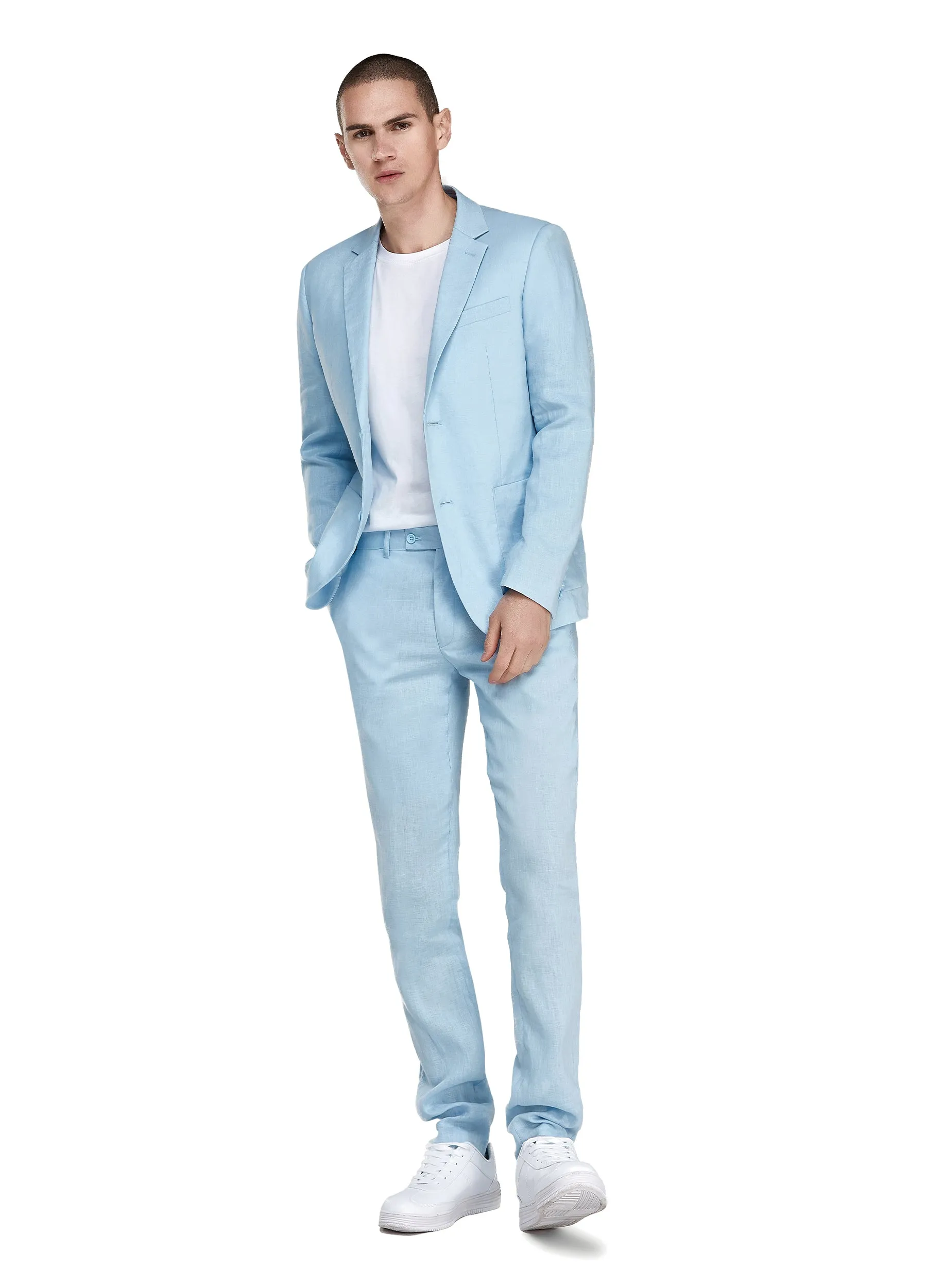 1PA1 Men's 100% Linen Light Blue Jacket Trousers 2-Pieces Suit Set