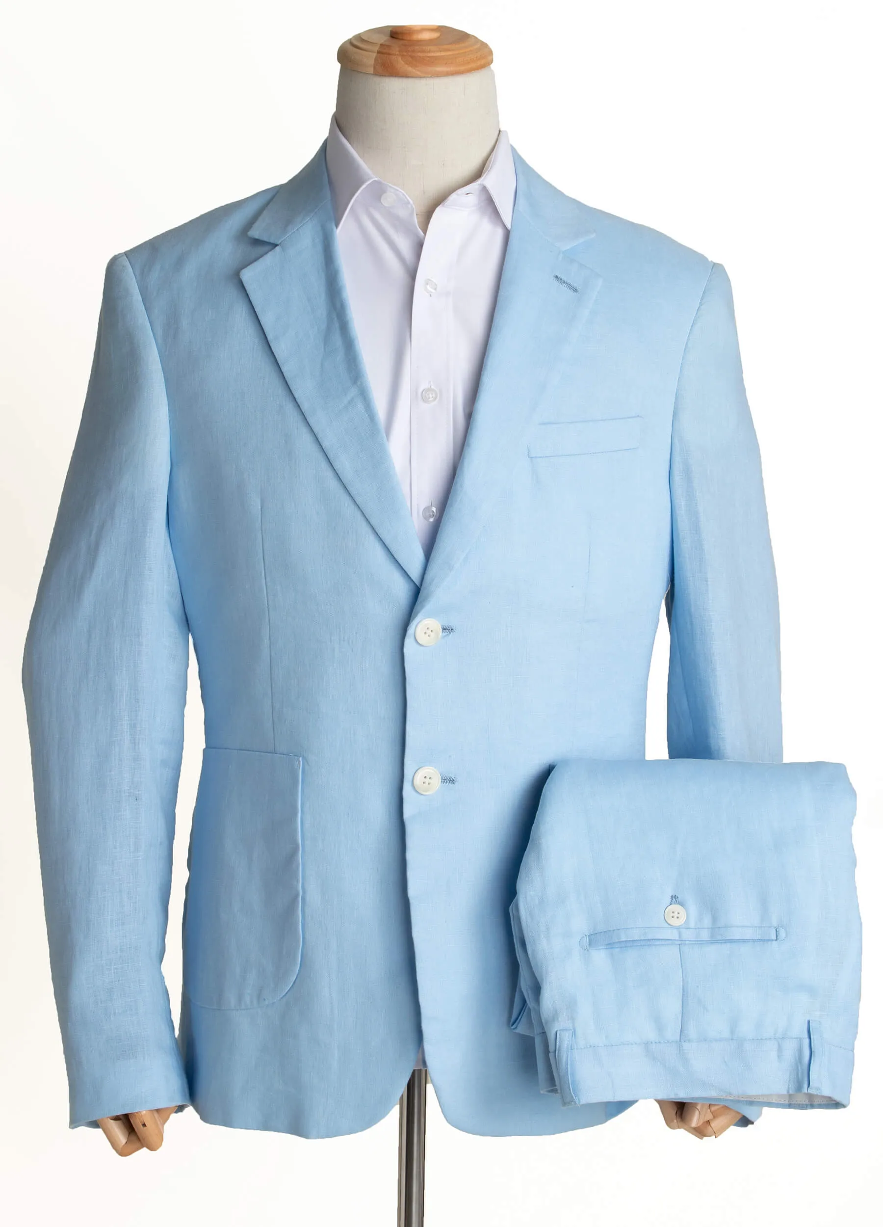 1PA1 Men's 100% Linen Light Blue Jacket Trousers 2-Pieces Suit Set