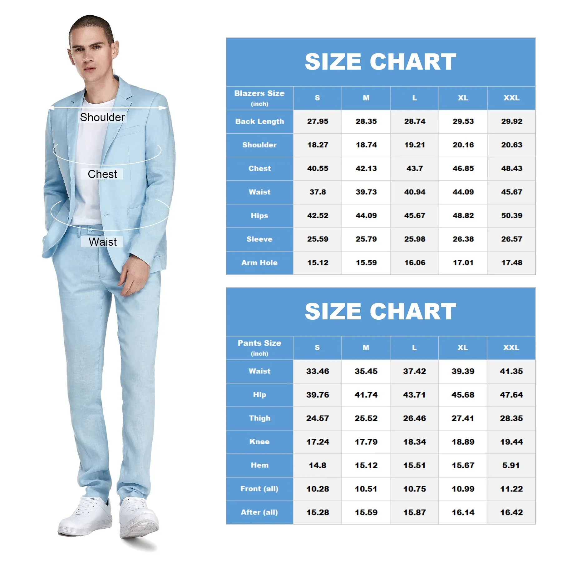 1PA1 Men's 100% Linen Light Blue Jacket Trousers 2-Pieces Suit Set