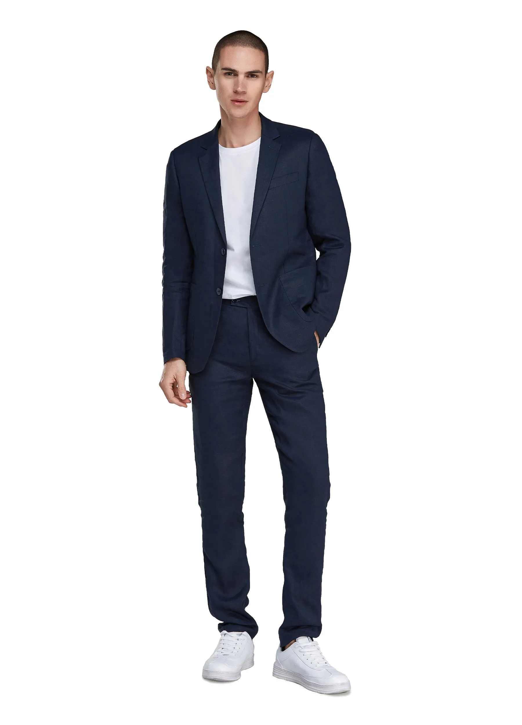 1PA1 Men's 100% Linen Navy Blue Jacket Trousers 2-Pieces Suit Set