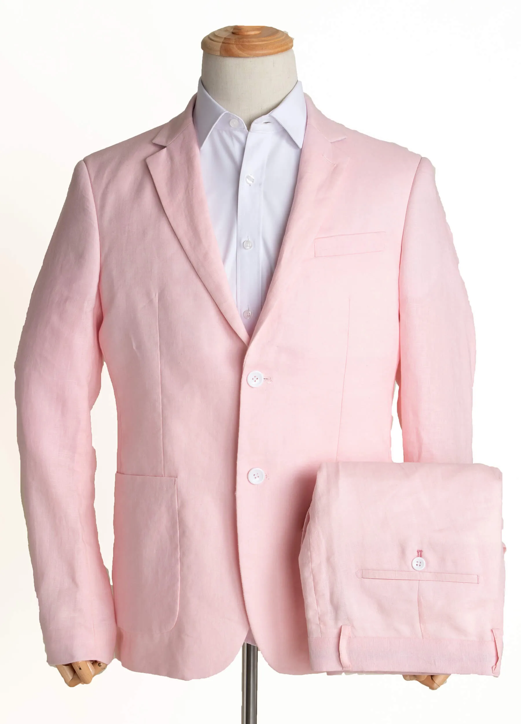 1PA1 Men's 100% Linen Pink Jacket Trousers 2-Pieces Suit Set