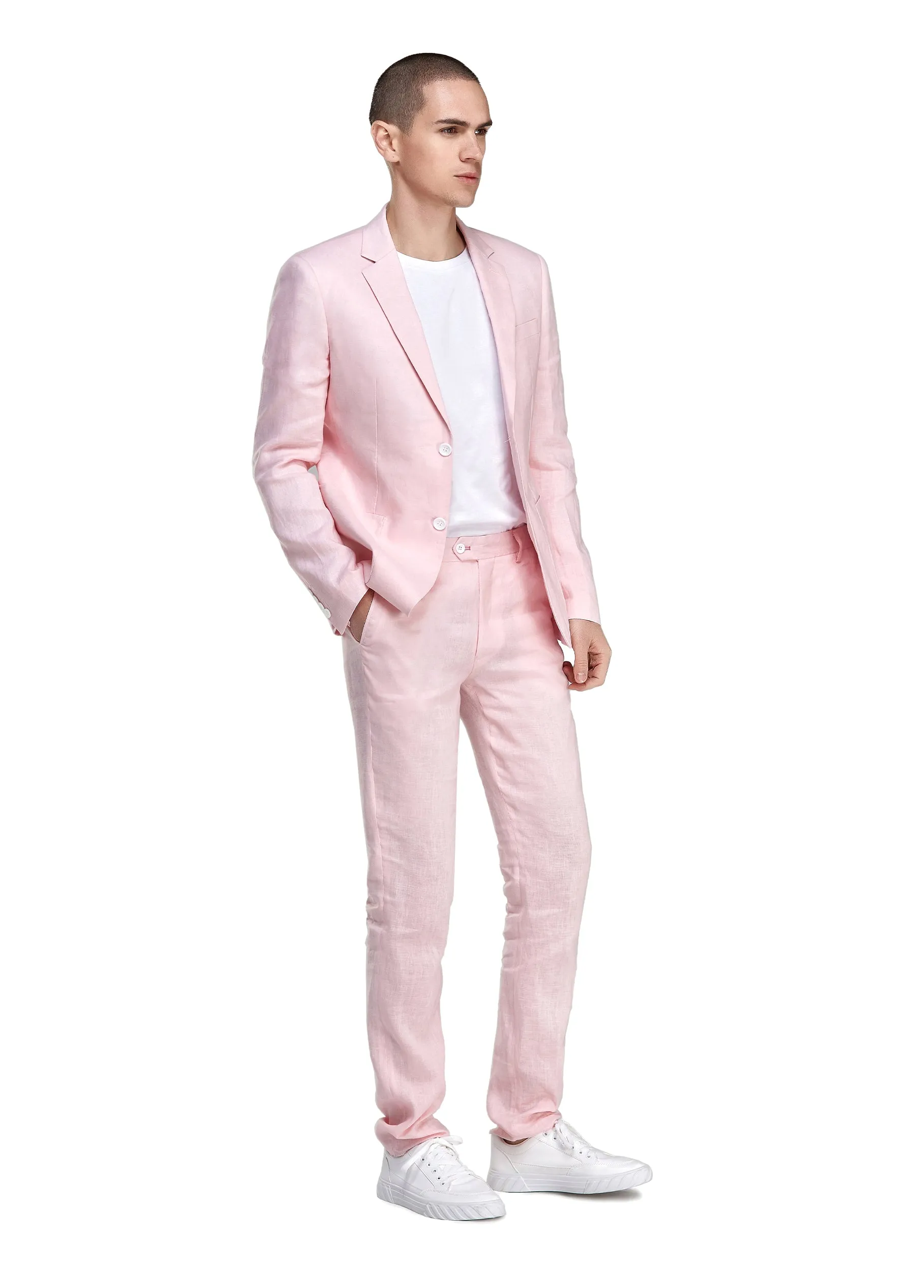 1PA1 Men's 100% Linen Pink Jacket Trousers 2-Pieces Suit Set