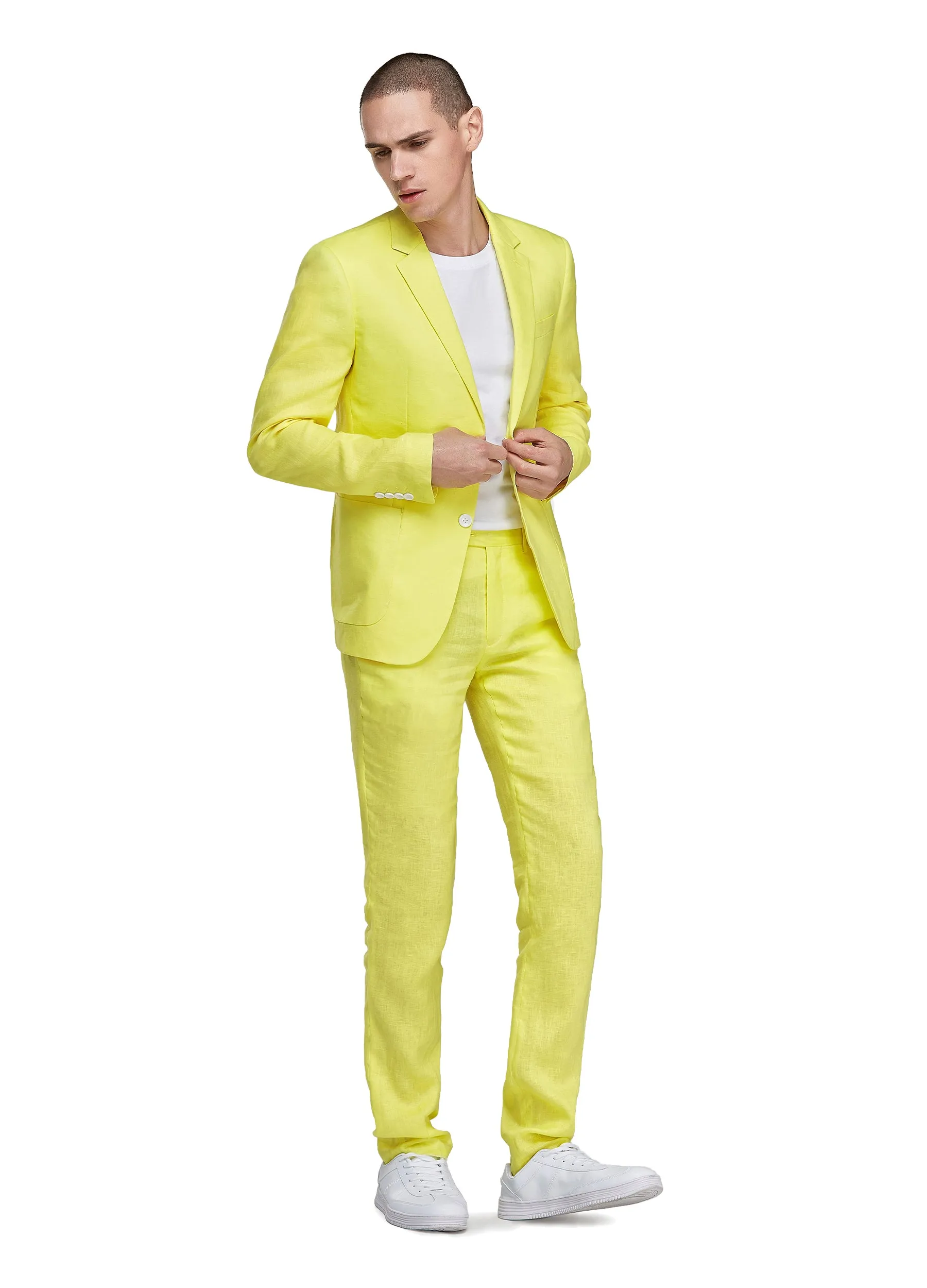 1PA1 Men's 100% Linen Yellow Jacket Trousers 2-Pieces Suit Set