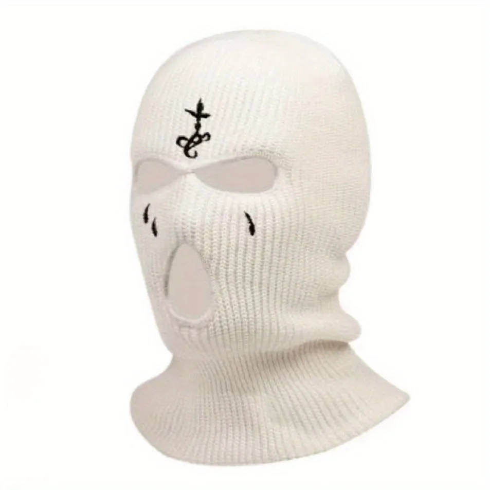 1pc Fashion Embroidered Knitted Ski Mask Winter Balaclava 3 Hole Knitted Ski Neck Warmer Warm Knitted Hat