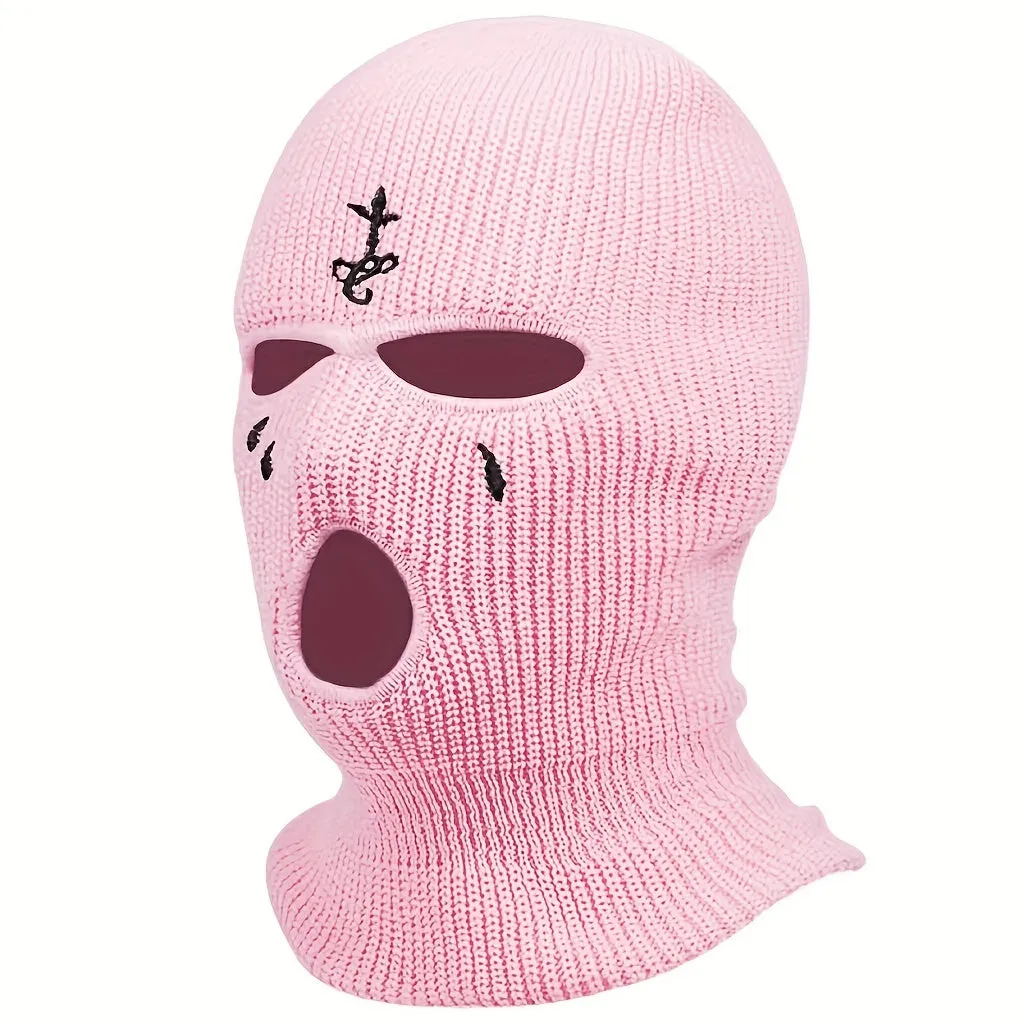 1pc Fashion Embroidered Knitted Ski Mask Winter Balaclava 3 Hole Knitted Ski Neck Warmer Warm Knitted Hat