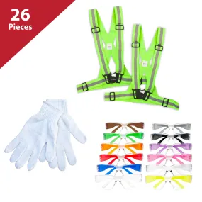 26 Piece Cycling Kit (2 Fluorescent Belts, 12 pc Cotton Gloves, 12 PAIRS of Safety Glasses)