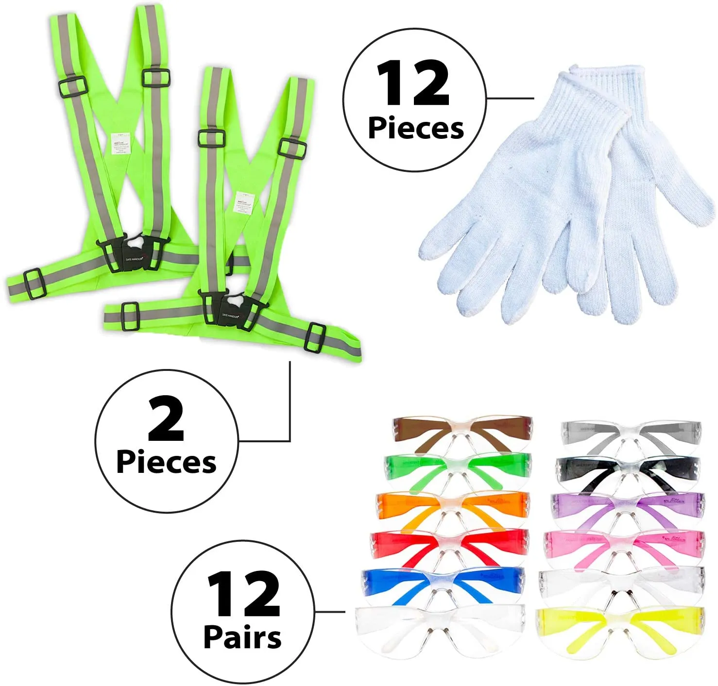 26 Piece Cycling Kit (2 Fluorescent Belts, 12 pc Cotton Gloves, 12 PAIRS of Safety Glasses)