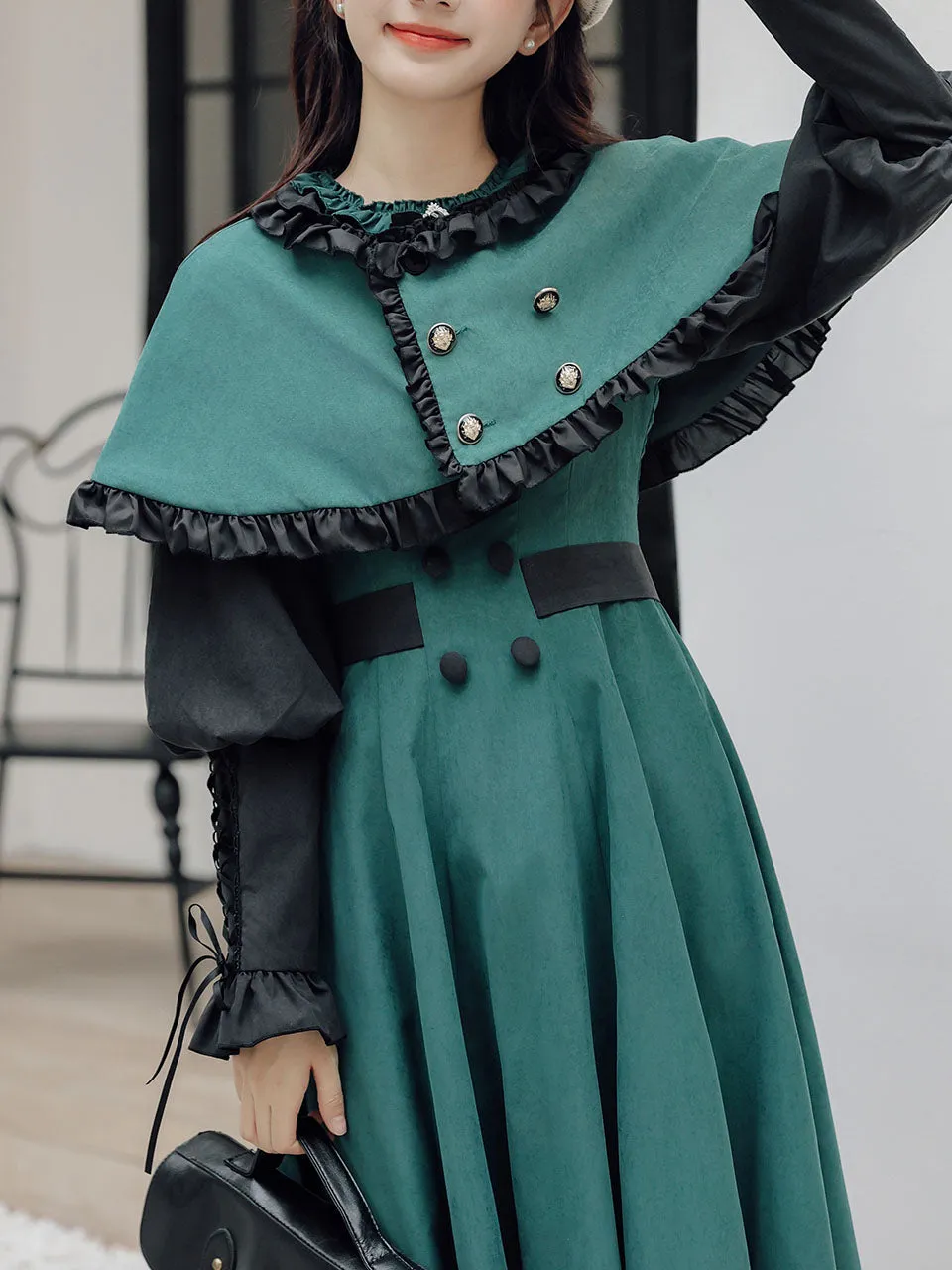 2PS Dark Green Magic Cascade Collar Dress With Cape Inspired By Slytherin House