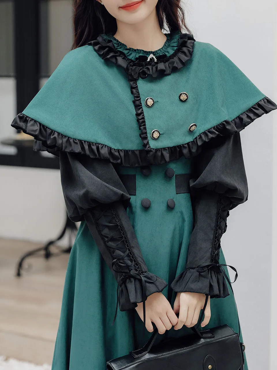 2PS Dark Green Magic Cascade Collar Dress With Cape Inspired By Slytherin House