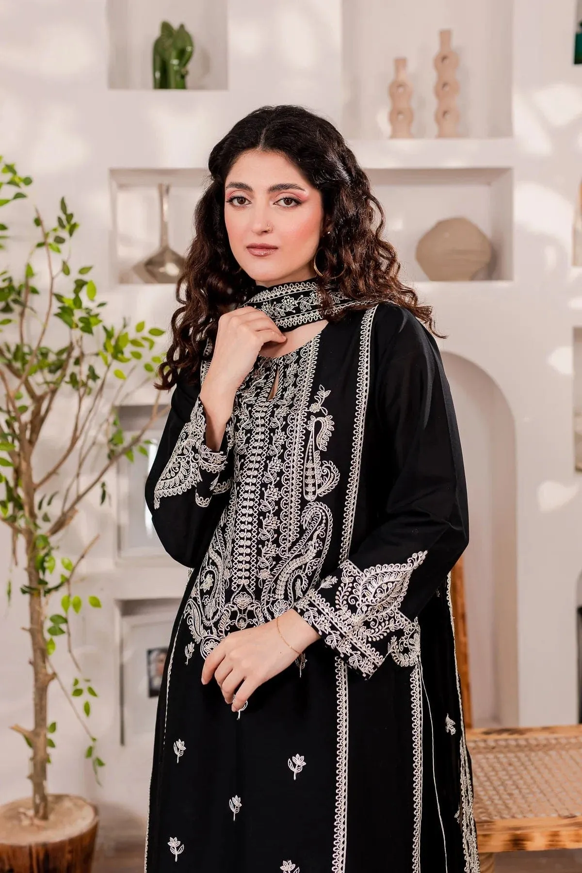 3-Pc Monochrome Sequin Embroidered Stitched Set.