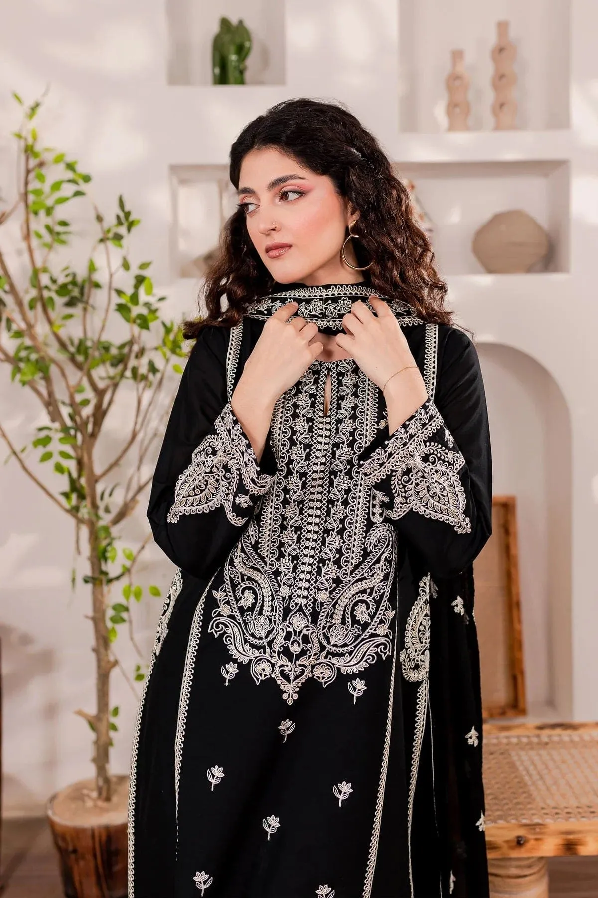 3-Pc Monochrome Sequin Embroidered Stitched Set.