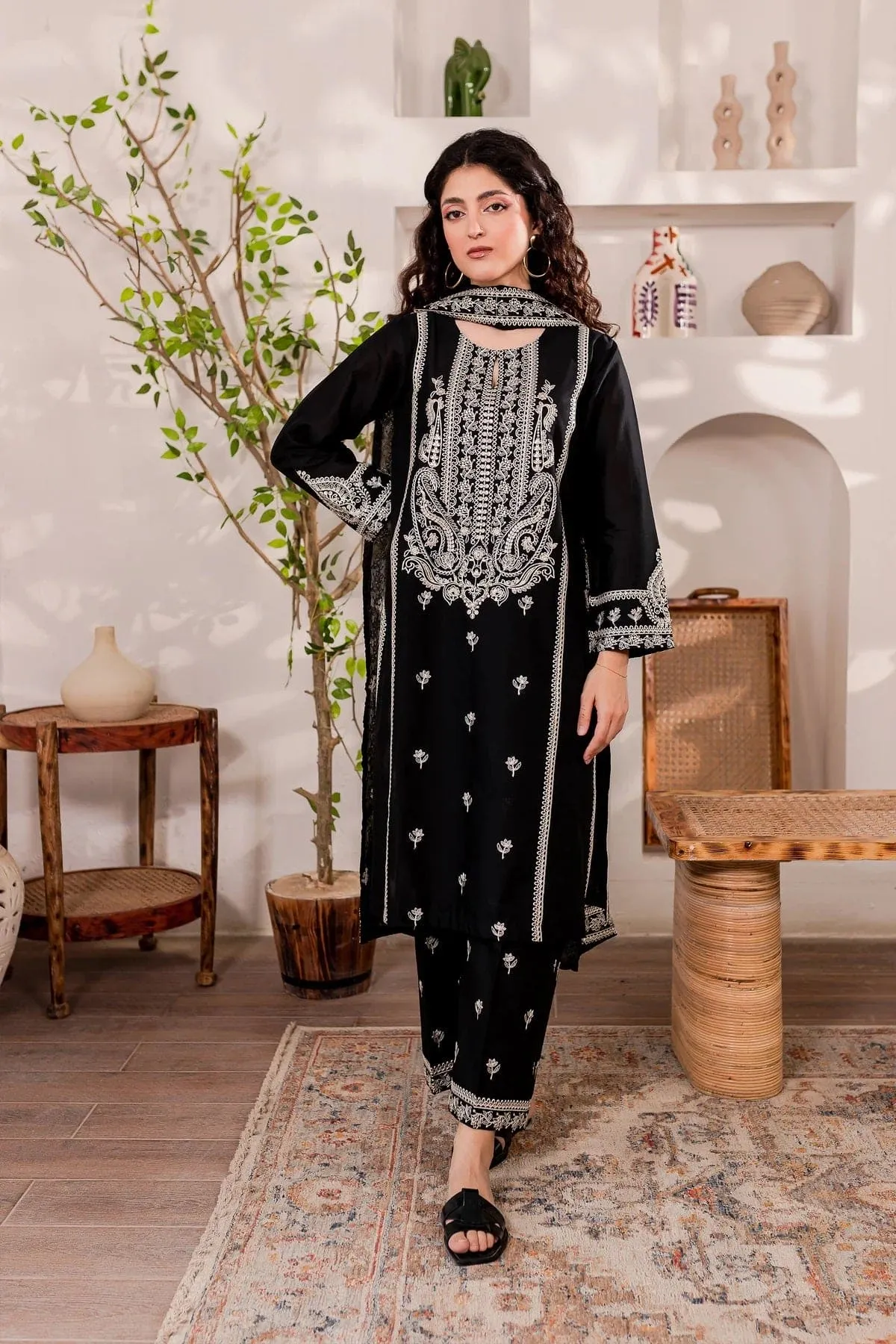 3-Pc Monochrome Sequin Embroidered Stitched Set.