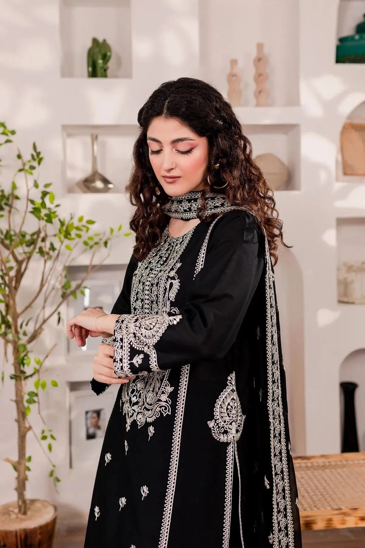 3-Pc Monochrome Sequin Embroidered Stitched Set.