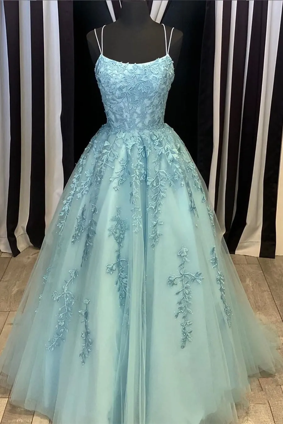 A Line Backless Lace Long Sky Blue Prom Dress, Backless Sky Blue Lace Formal Dress, Sky Blue Evening Dress