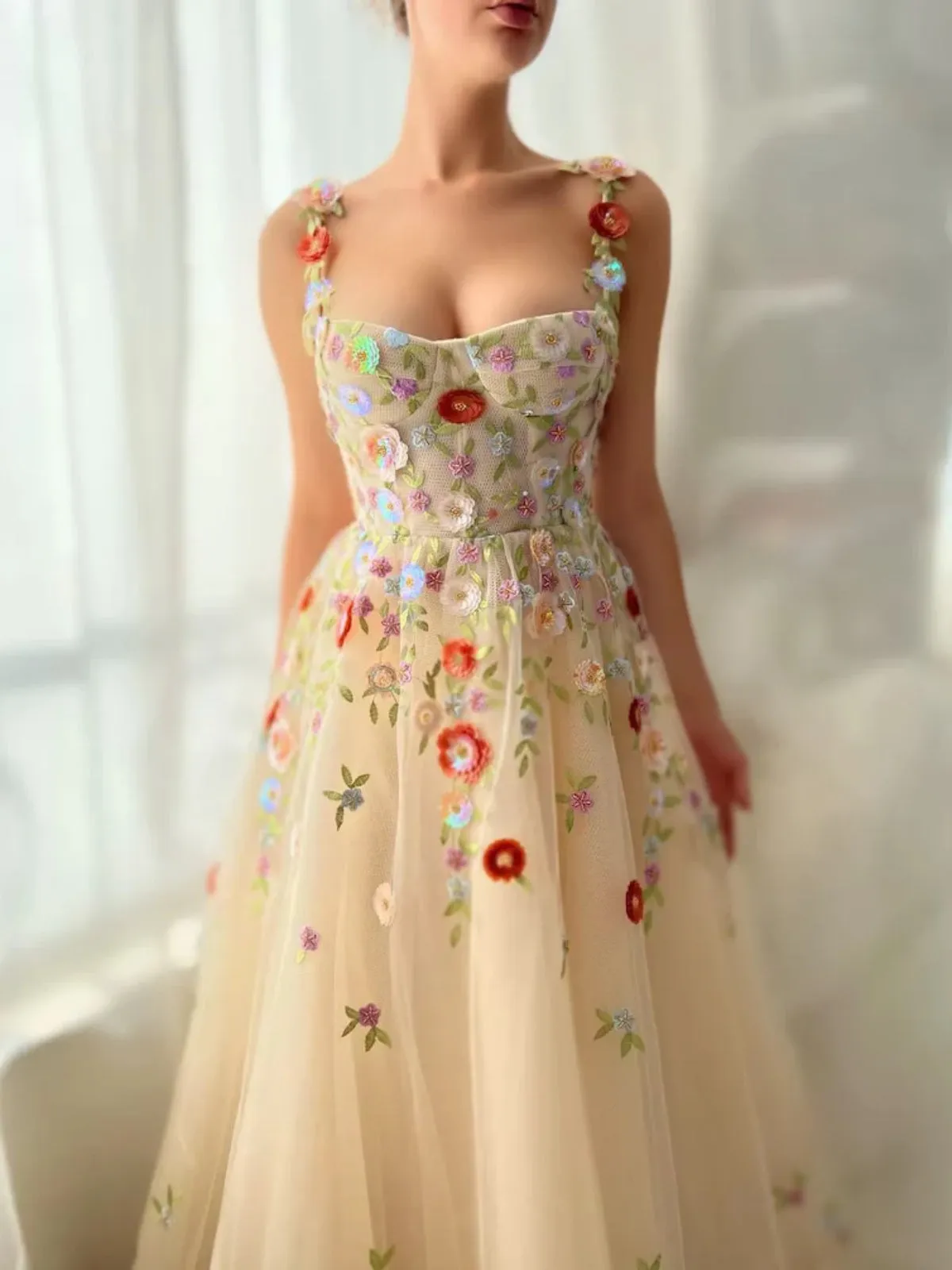 A Line Champagne Tulle Floral Long Prom Dresses, Champagne Formal Graduation Evening Dresses with 3D Flowers SP2630