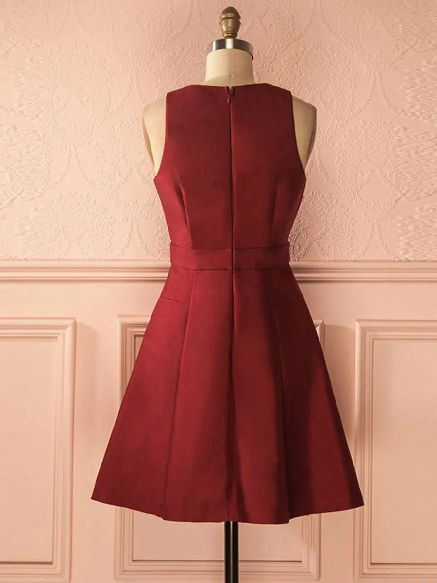 A Line Deep V Neck Burgundy Satin Short Prom Homecominges, V Neck Burgundy Formal Graduation Evening