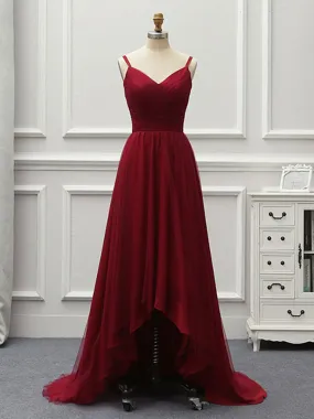 A Line High Low Backless Burgundy Tulle Long Prom, High Low Burgundy Formal, Backless Burgundy Evening