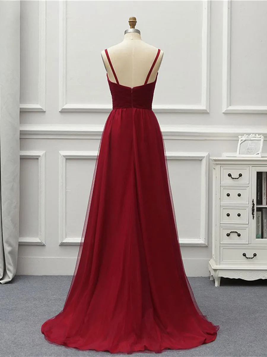 A Line High Low Backless Burgundy Tulle Long Prom, High Low Burgundy Formal, Backless Burgundy Evening