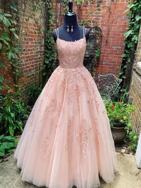 A Line Pink Lace Long Prom Wedding, Lace Pink Formal Graduation Evening