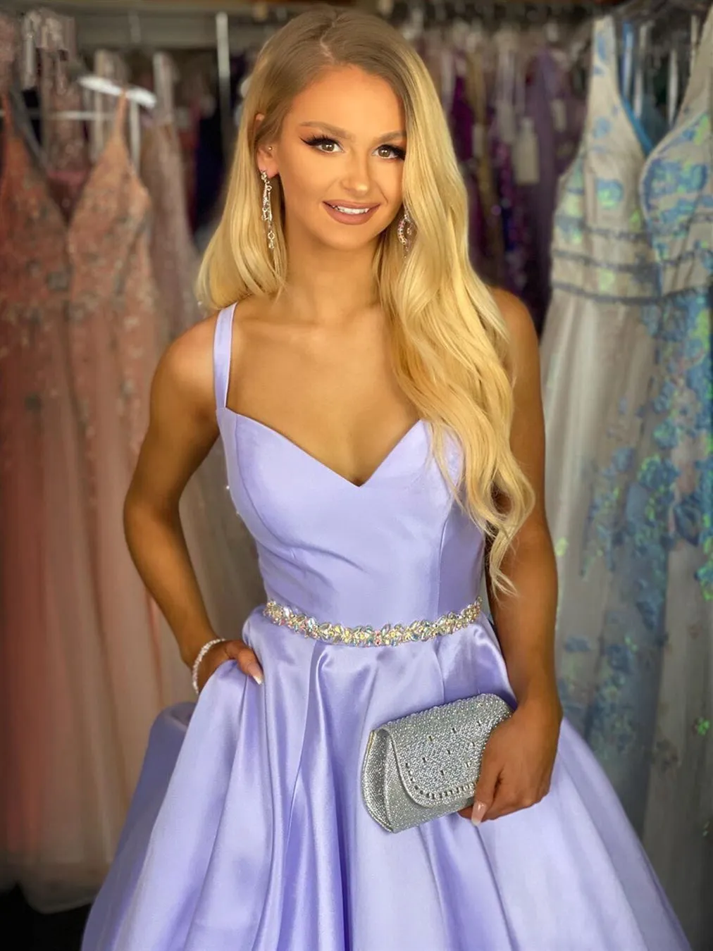 A Line Spaghetti Straps V Neck Purple Satin Long Prom with Belt, V Neck Purple Formal Graduation Evening