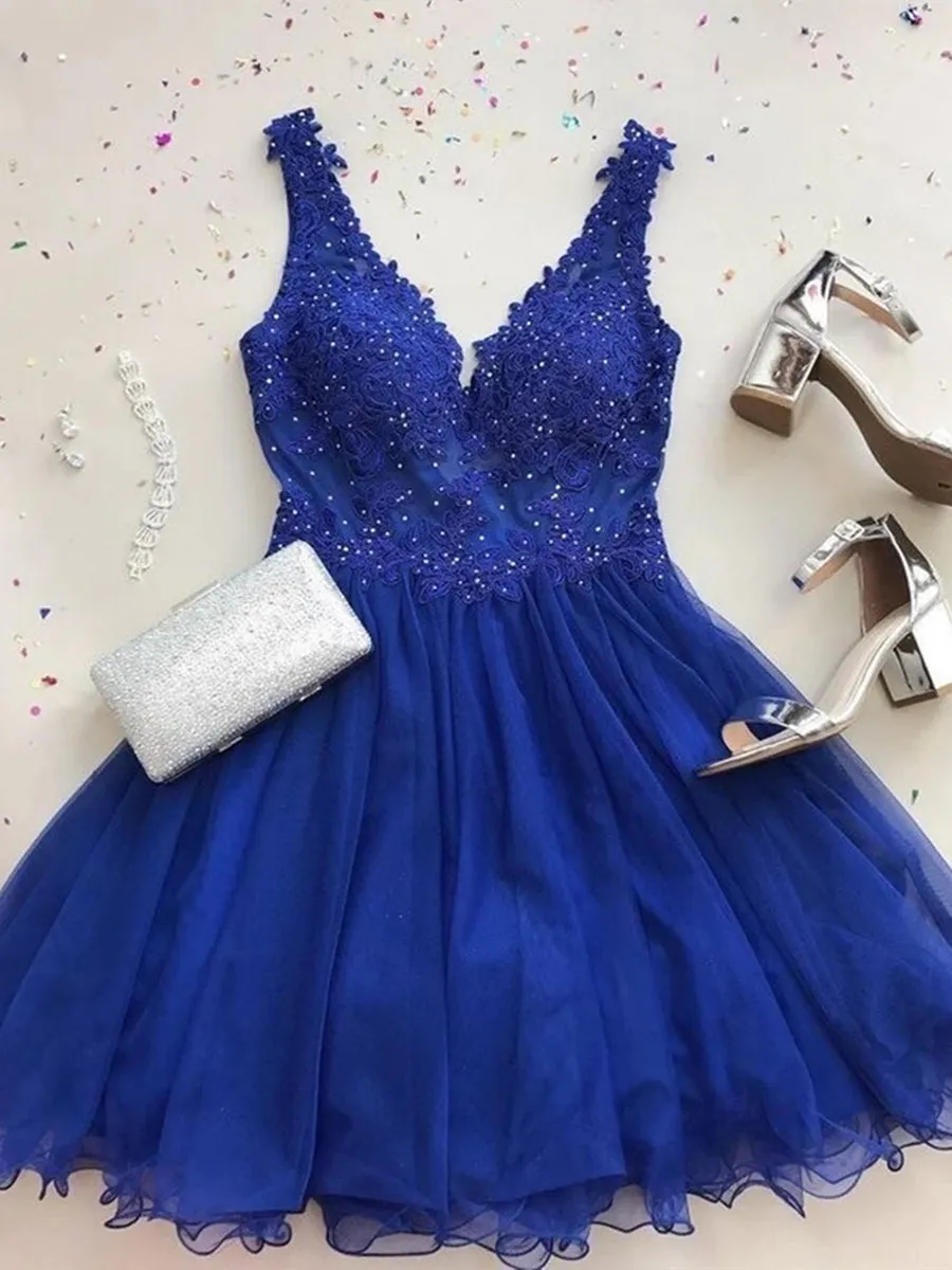 A Line V Neck Beaded Lace Royal Blue Short Prom Homecoming, Royal Blue Lace Formal, Lace Evening