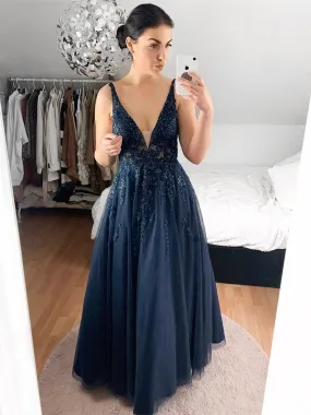 A Line V Neck Lace Navy Blue Long Prom, Navy Blue Lace Formal, Navy Blue Evening