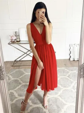 A Line V Neck Red Chiffon Tea Length Prom with Slit, Red Formal Graduation Homecoming