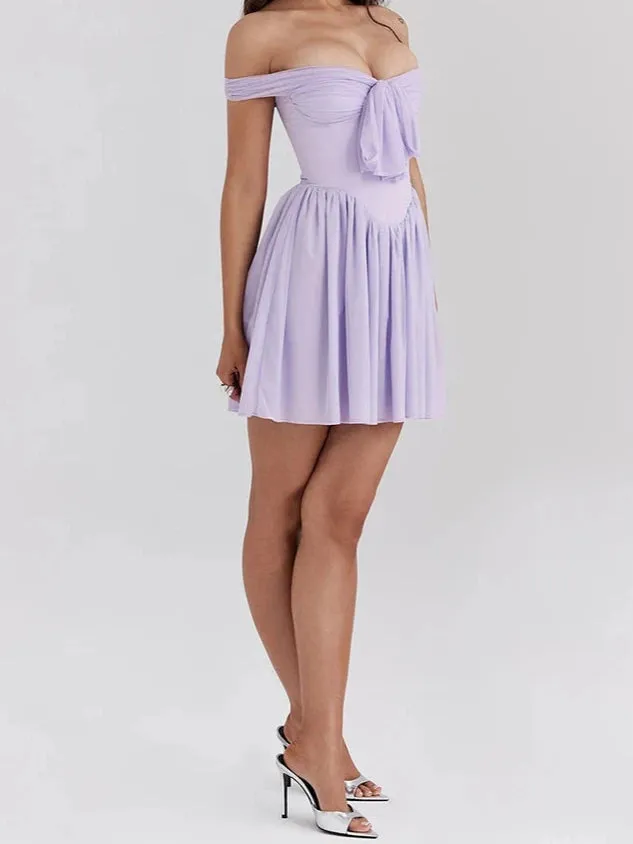 A&A Lilac Off-shoulder Pleated Mini Dress