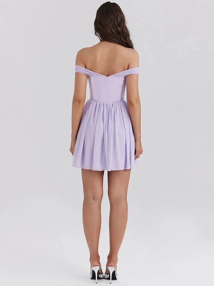 A&A Lilac Off-shoulder Pleated Mini Dress