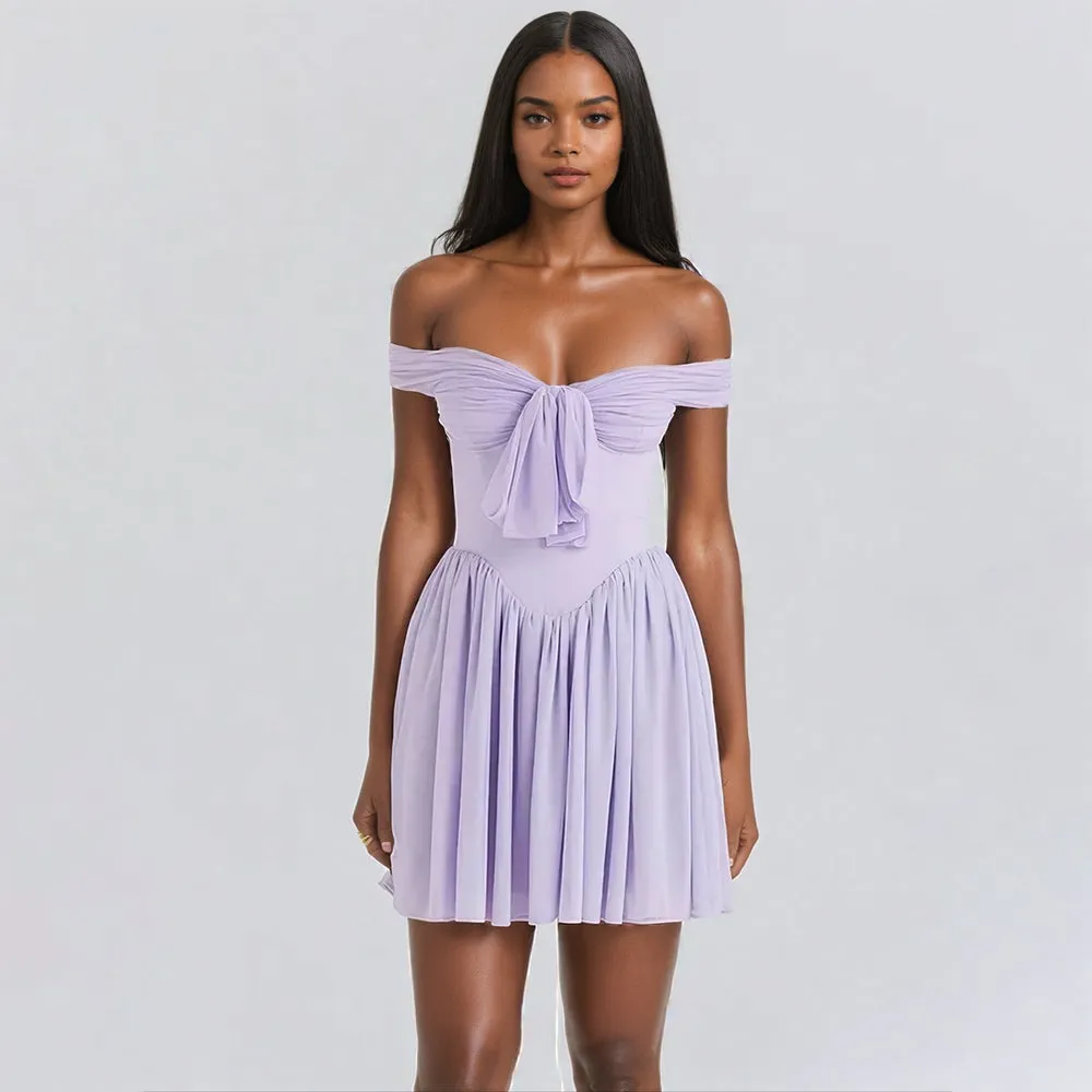 A&A Lilac Off-shoulder Pleated Mini Dress