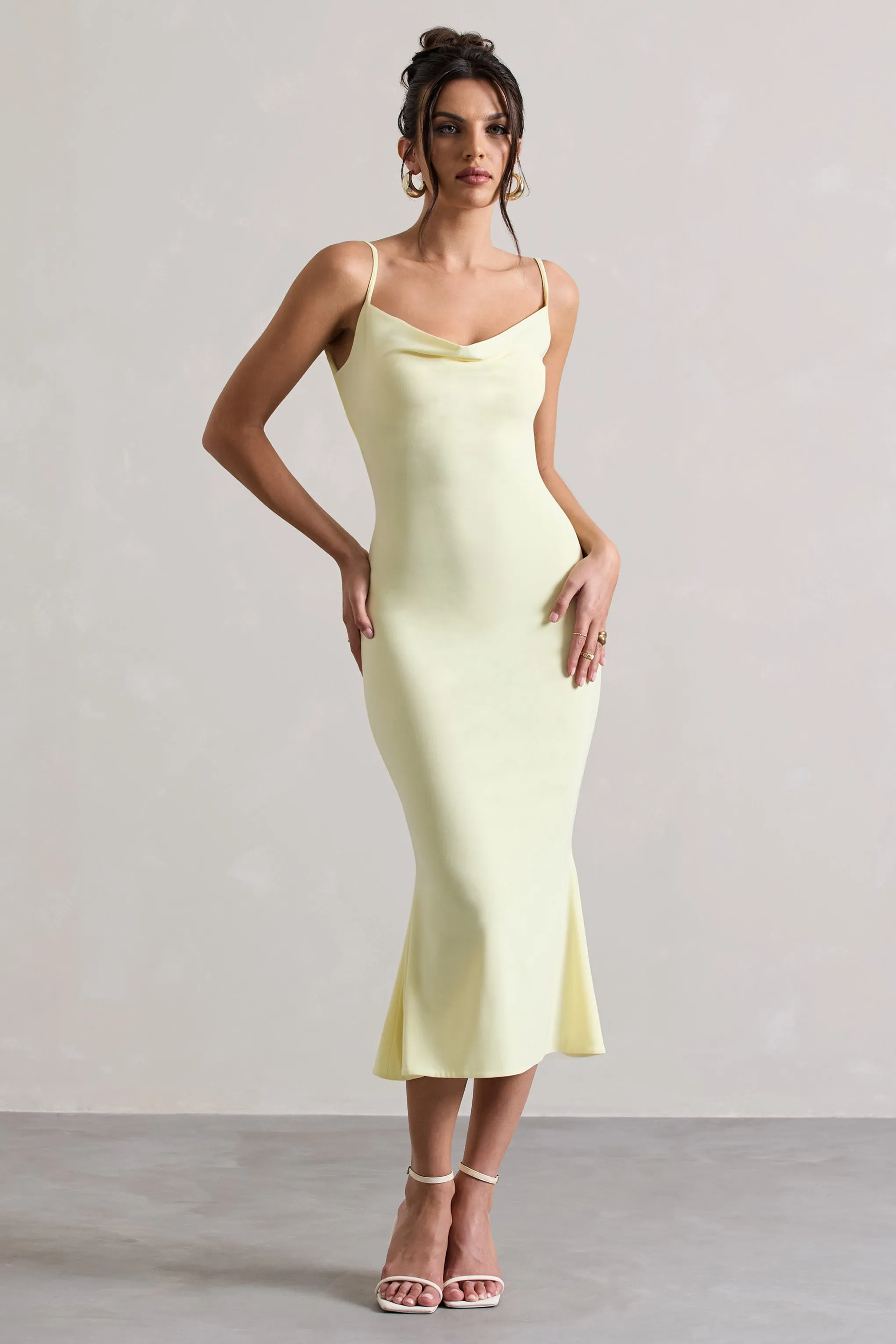 Addison | Lemon Cowl-Neck Open-Back Midi Dress With Lace