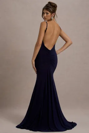 Adele | Navy Backless Ruched Fishtail Cami Maxi Dress