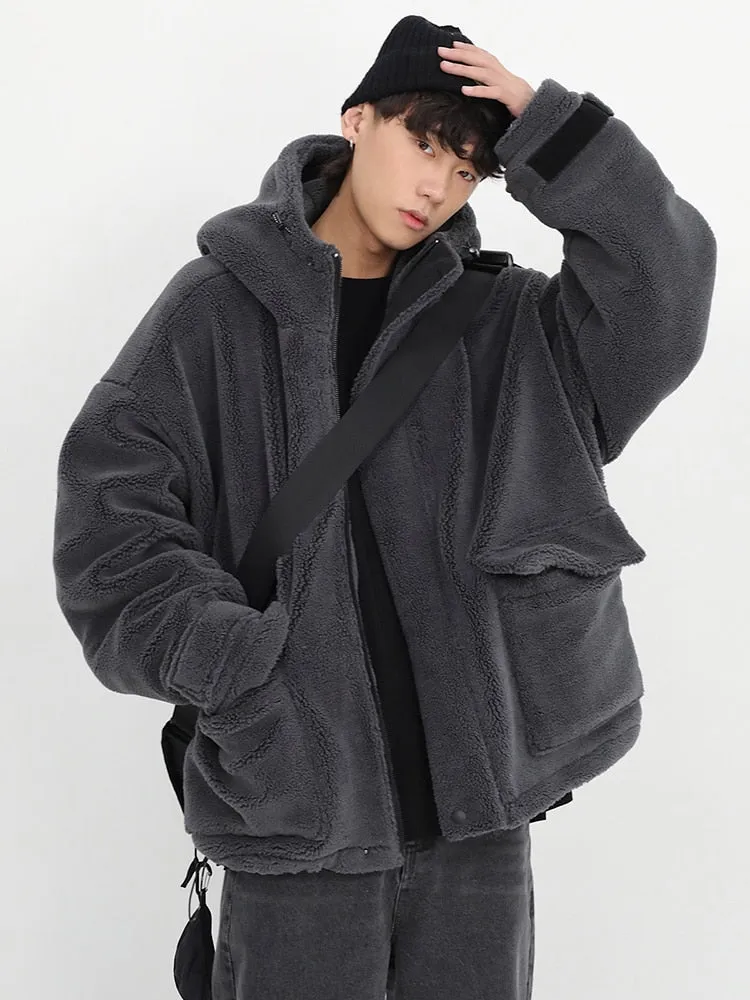 Aidase  Winter Thick Warm Oversized Dark Grey Sherpa Jacket Men with Hood Zip Up Fluffy Loose Casual Faux Lamb Fur Coat