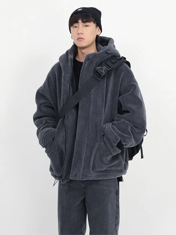 Aidase  Winter Thick Warm Oversized Dark Grey Sherpa Jacket Men with Hood Zip Up Fluffy Loose Casual Faux Lamb Fur Coat