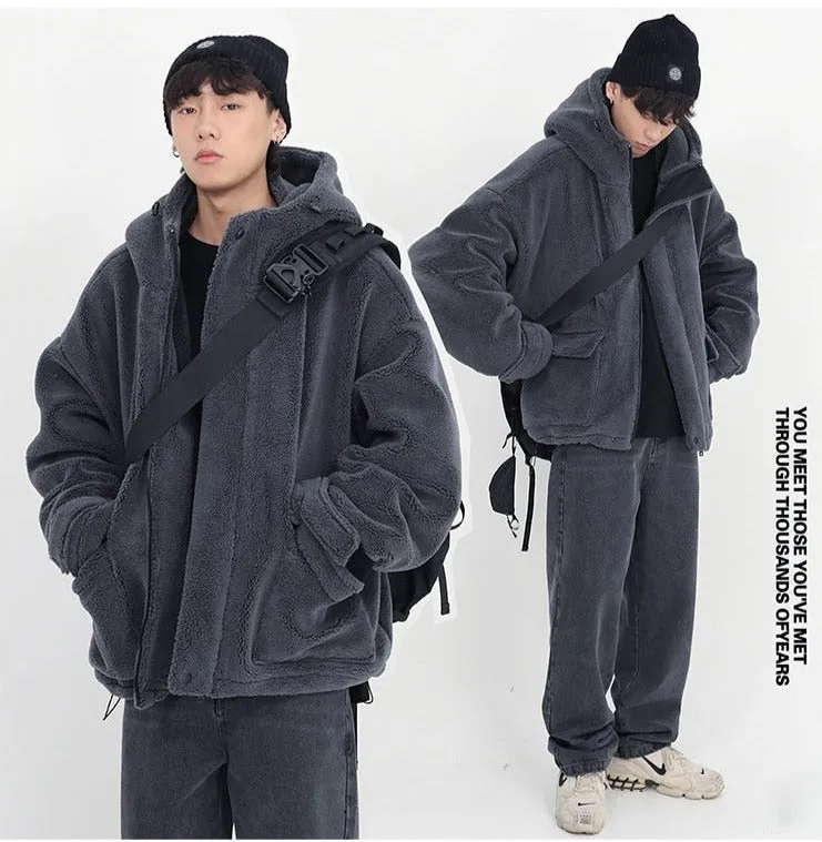 Aidase  Winter Thick Warm Oversized Dark Grey Sherpa Jacket Men with Hood Zip Up Fluffy Loose Casual Faux Lamb Fur Coat