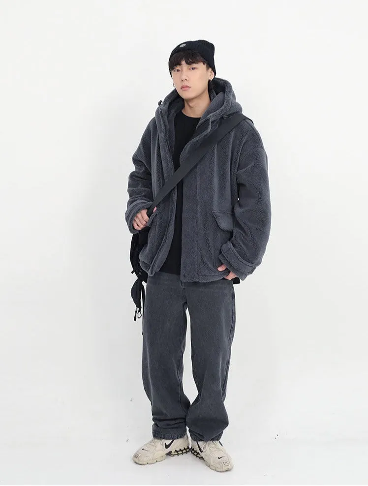 Aidase  Winter Thick Warm Oversized Dark Grey Sherpa Jacket Men with Hood Zip Up Fluffy Loose Casual Faux Lamb Fur Coat