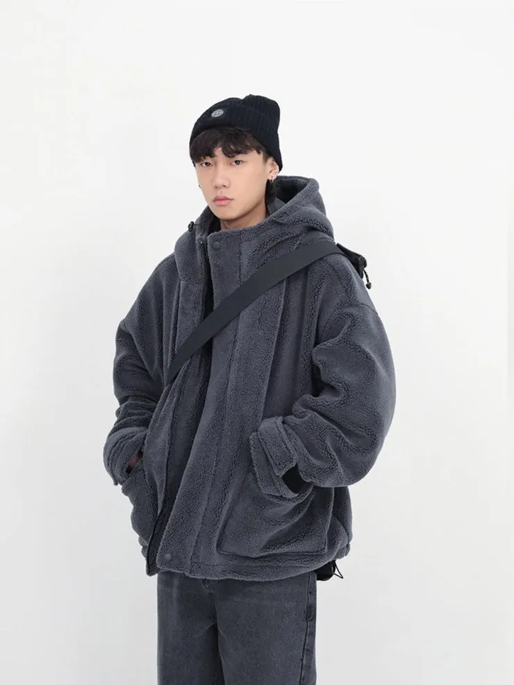 Aidase  Winter Thick Warm Oversized Dark Grey Sherpa Jacket Men with Hood Zip Up Fluffy Loose Casual Faux Lamb Fur Coat