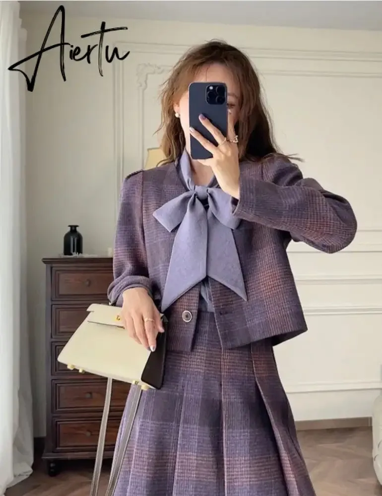 Aiertu Two Piece Sets Women Outfits Autumn Purple Plaid Woolen Jacket Coat Half Skirt Set Korean Fashion Vintage Chic Elegant Set