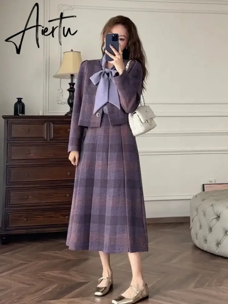 Aiertu Two Piece Sets Women Outfits Autumn Purple Plaid Woolen Jacket Coat Half Skirt Set Korean Fashion Vintage Chic Elegant Set