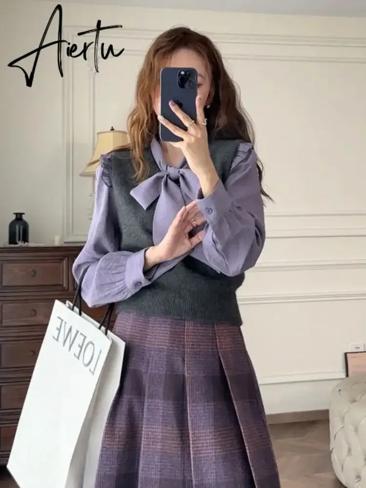 Aiertu Two Piece Sets Women Outfits Autumn Purple Plaid Woolen Jacket Coat Half Skirt Set Korean Fashion Vintage Chic Elegant Set